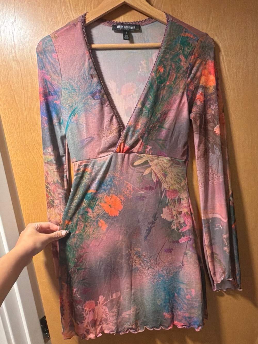 Urban Outfitters Pink Floral Long-Sleeve V-Neck Dress NEVER WORN